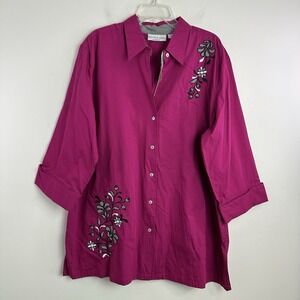 Victoria Jones Woman 2X Button up Shirt Embroidered Floral Cotton Purple NEW